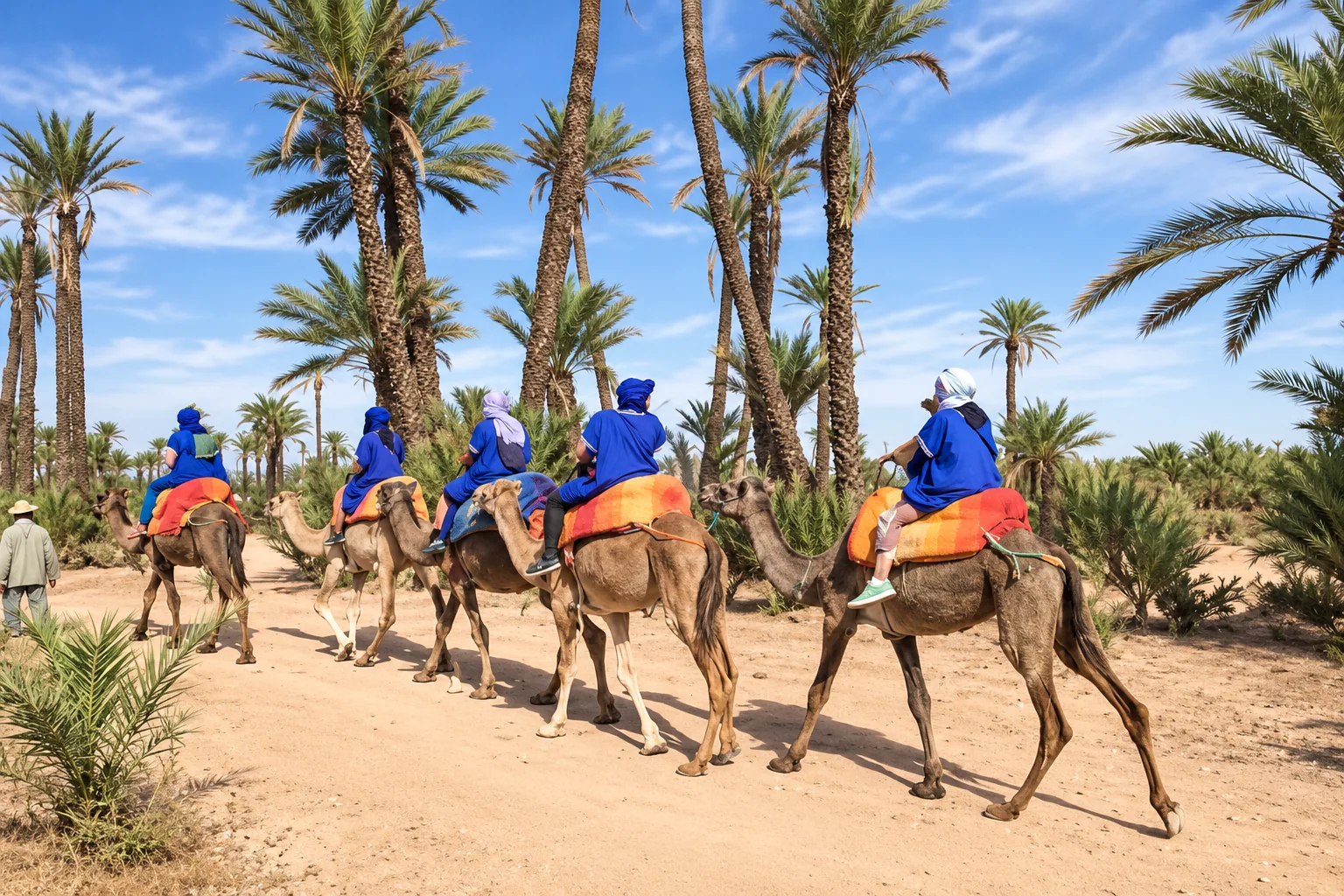 Travelers riding camels through the Marrakech palm grove