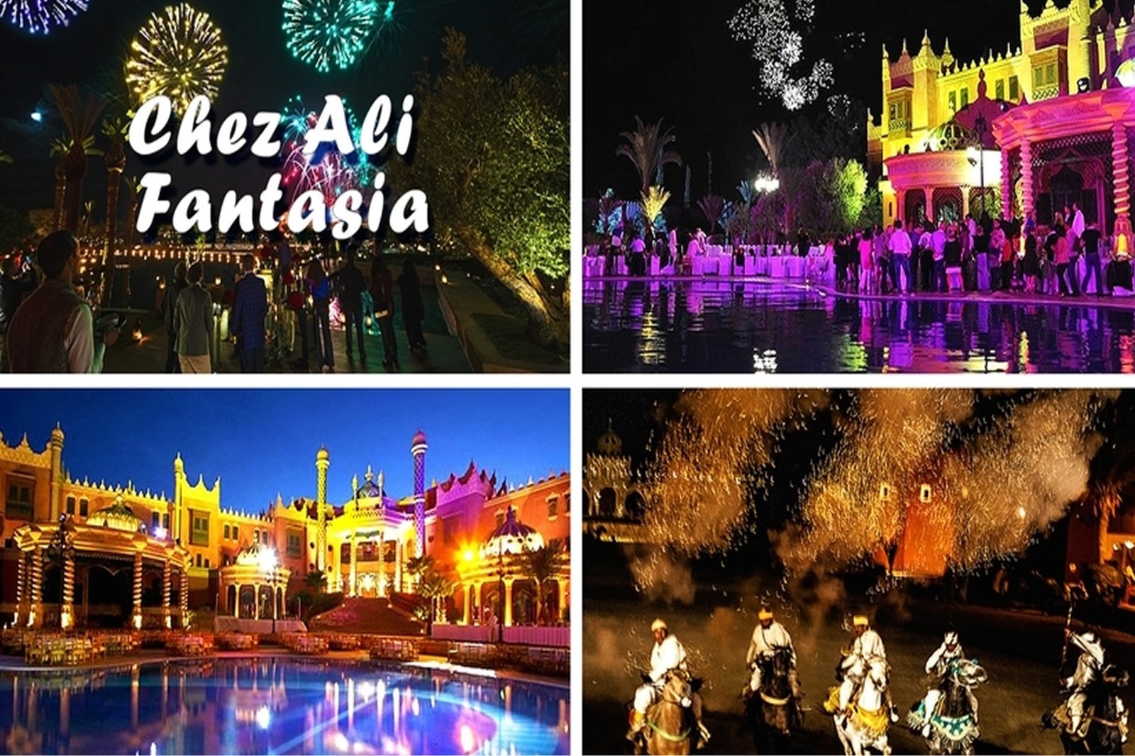 Collage del recinto iluminado de Chez Ali, fuegos artificiales y jinetes en Marrakech