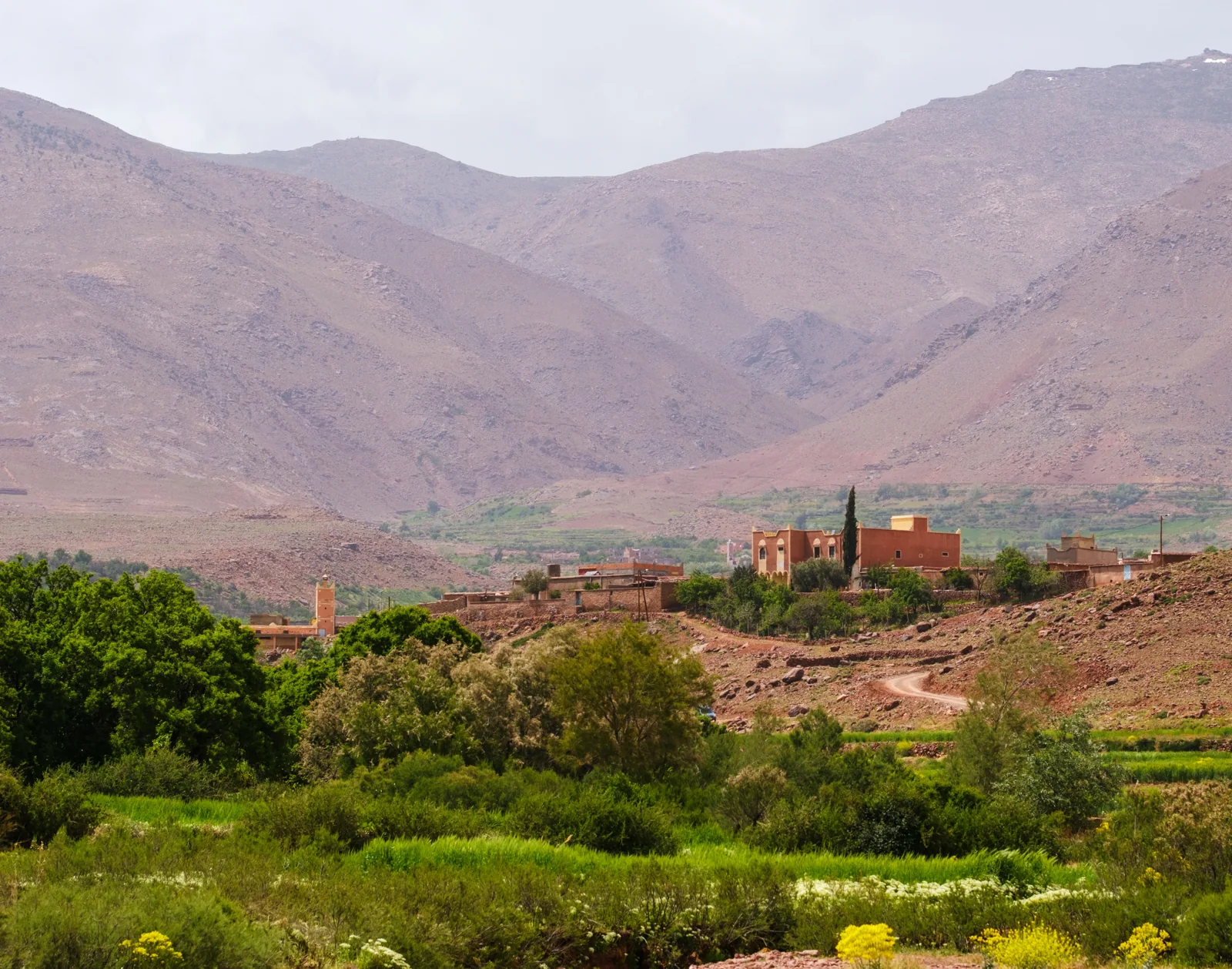 Village buildings and green fields below rocky Atlas Mountain slopes near Imlil and Asni