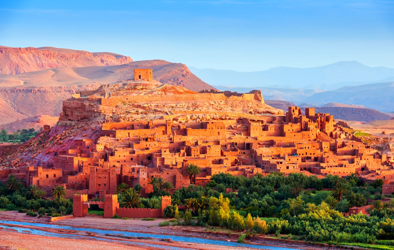 Panoramic view of Ait Ben Haddou near Ouarzazate with mountains behind