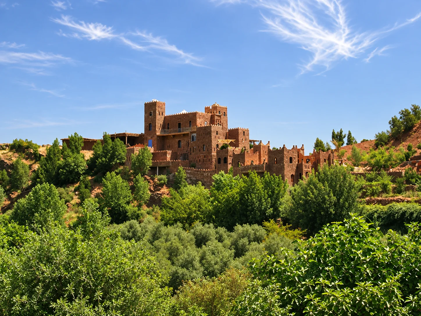 Traditional kasbah surrounded by green trees in the Atlas Mountains