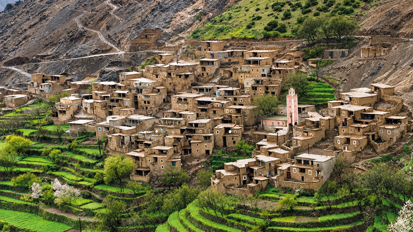 Atlas Mountains village with terraced green fields and a pink minaret