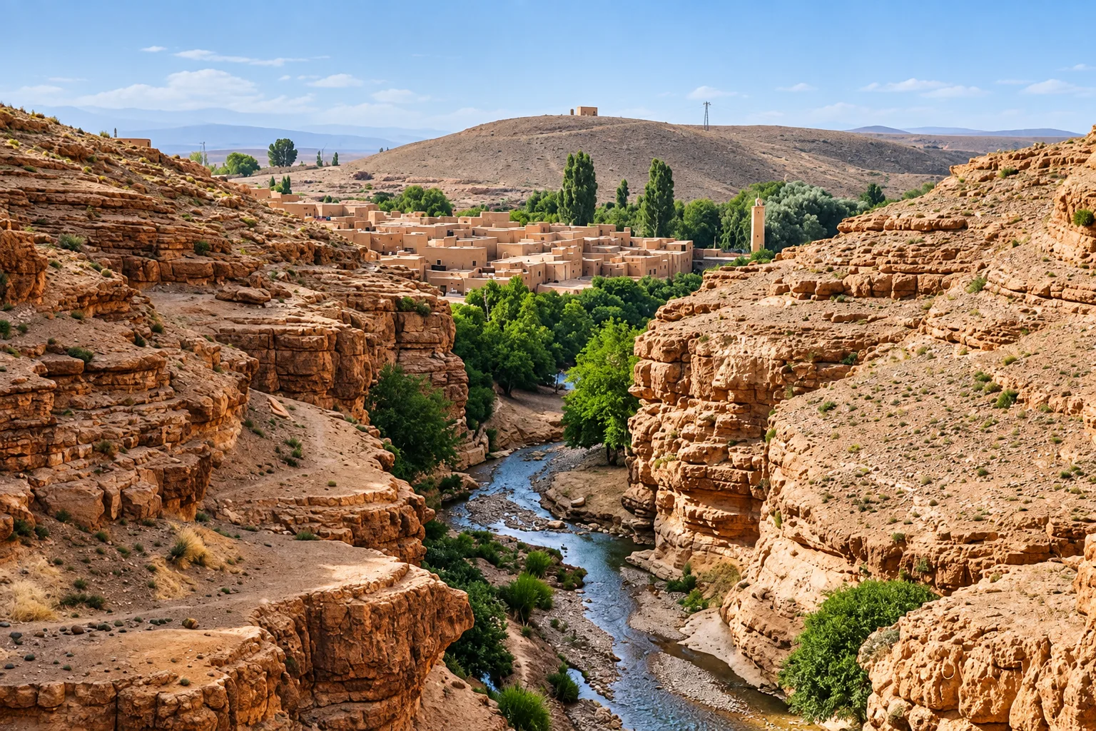 River winding between rocky cliffs toward a traditional village near Midelt
