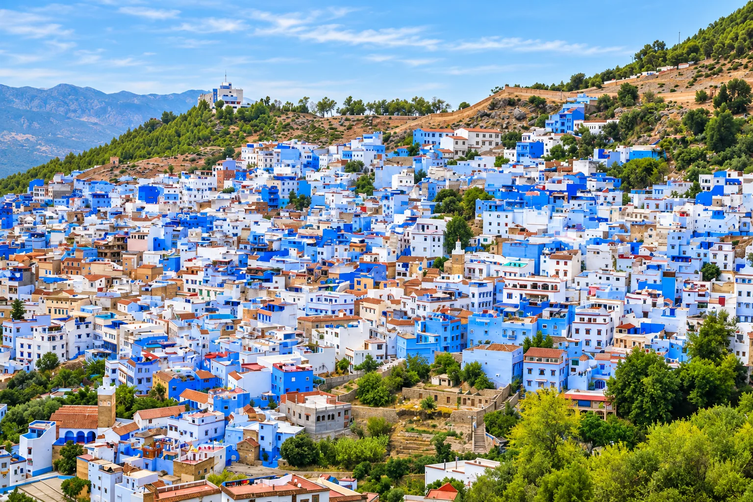 Blue and white houses across a green mountainside in Chefchaouen