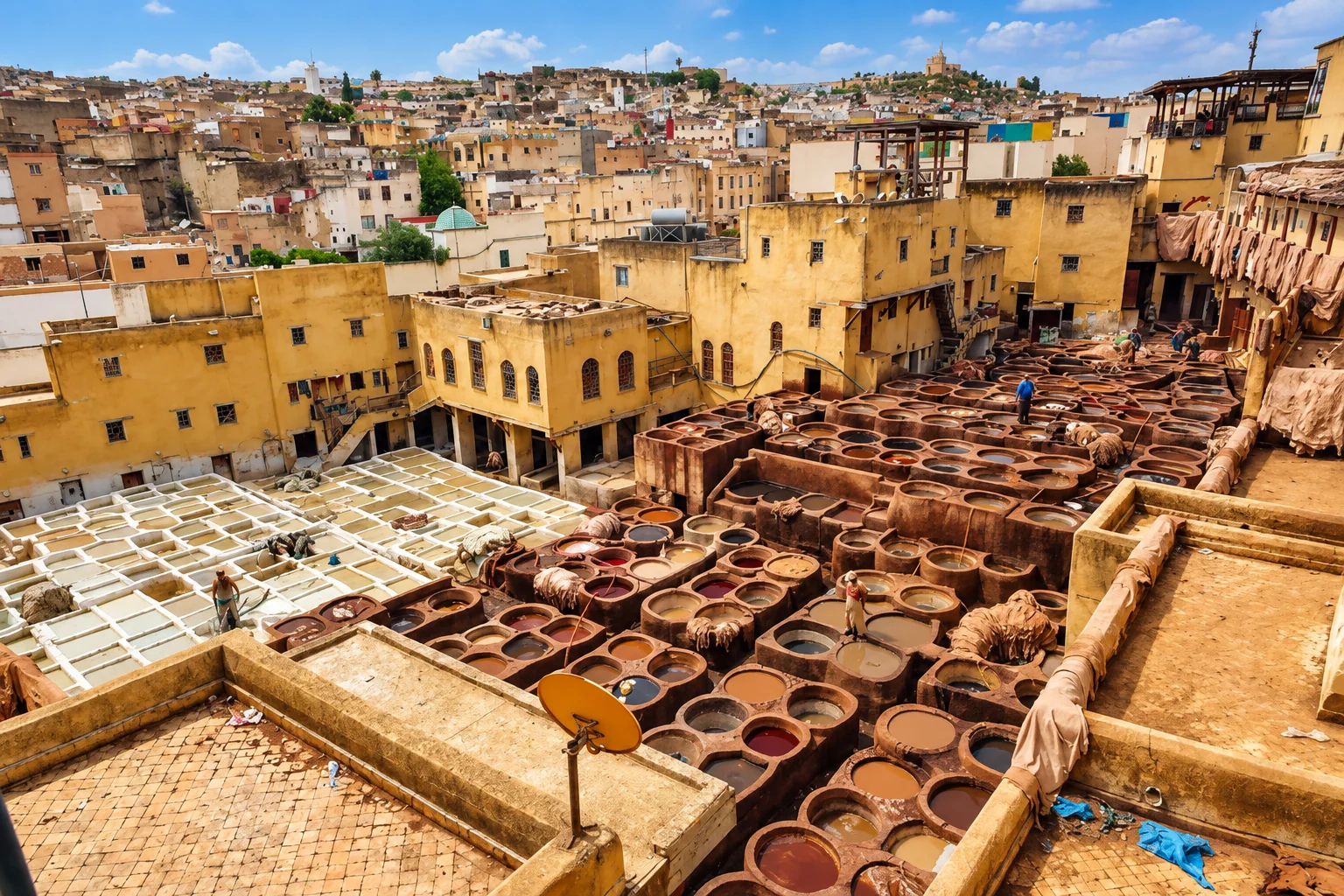 Traditional tannery dyeing vats and medina rooftops in Fes, Morocco