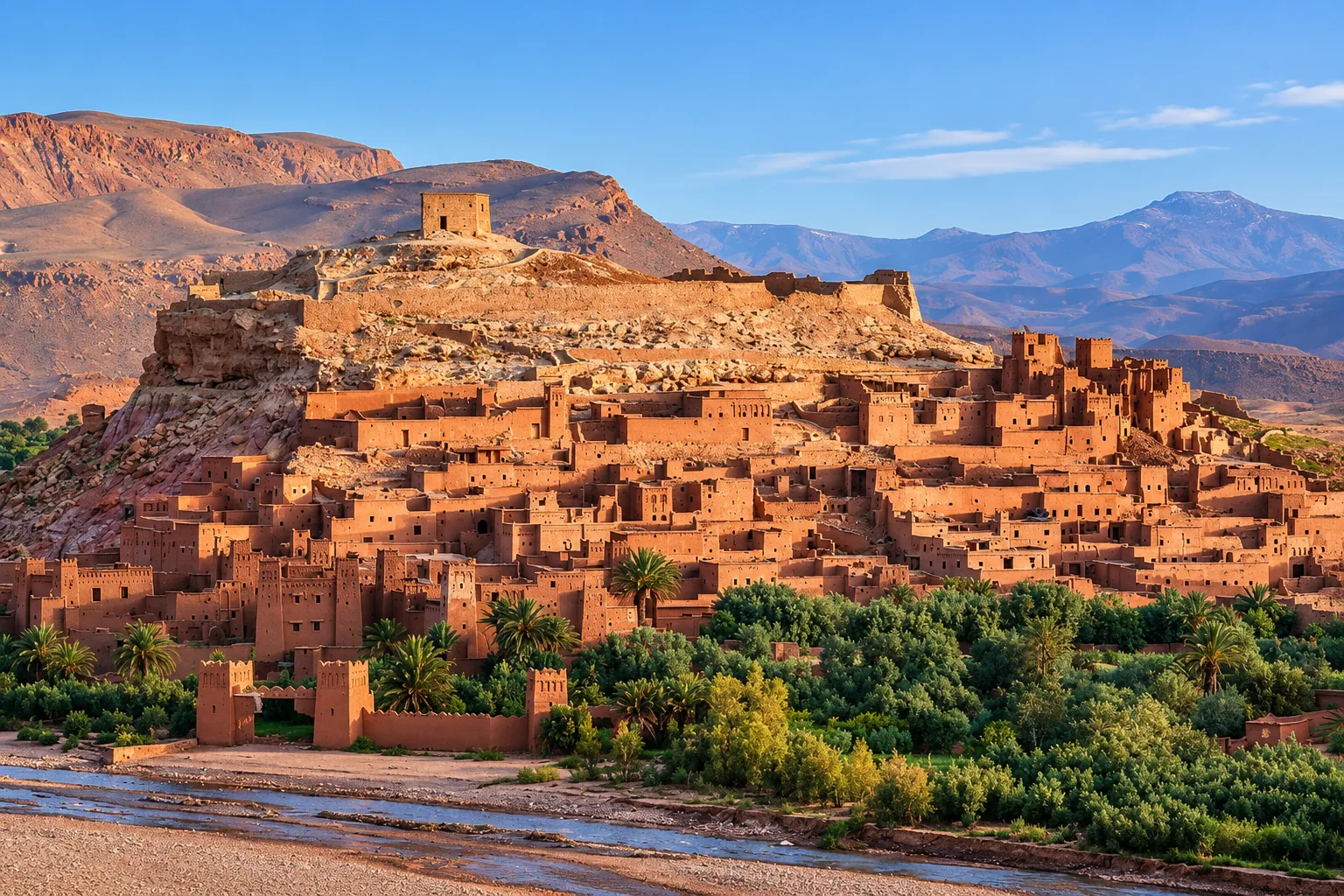 Earthen fortified village of Ait-Ben-Haddou above a riverbed