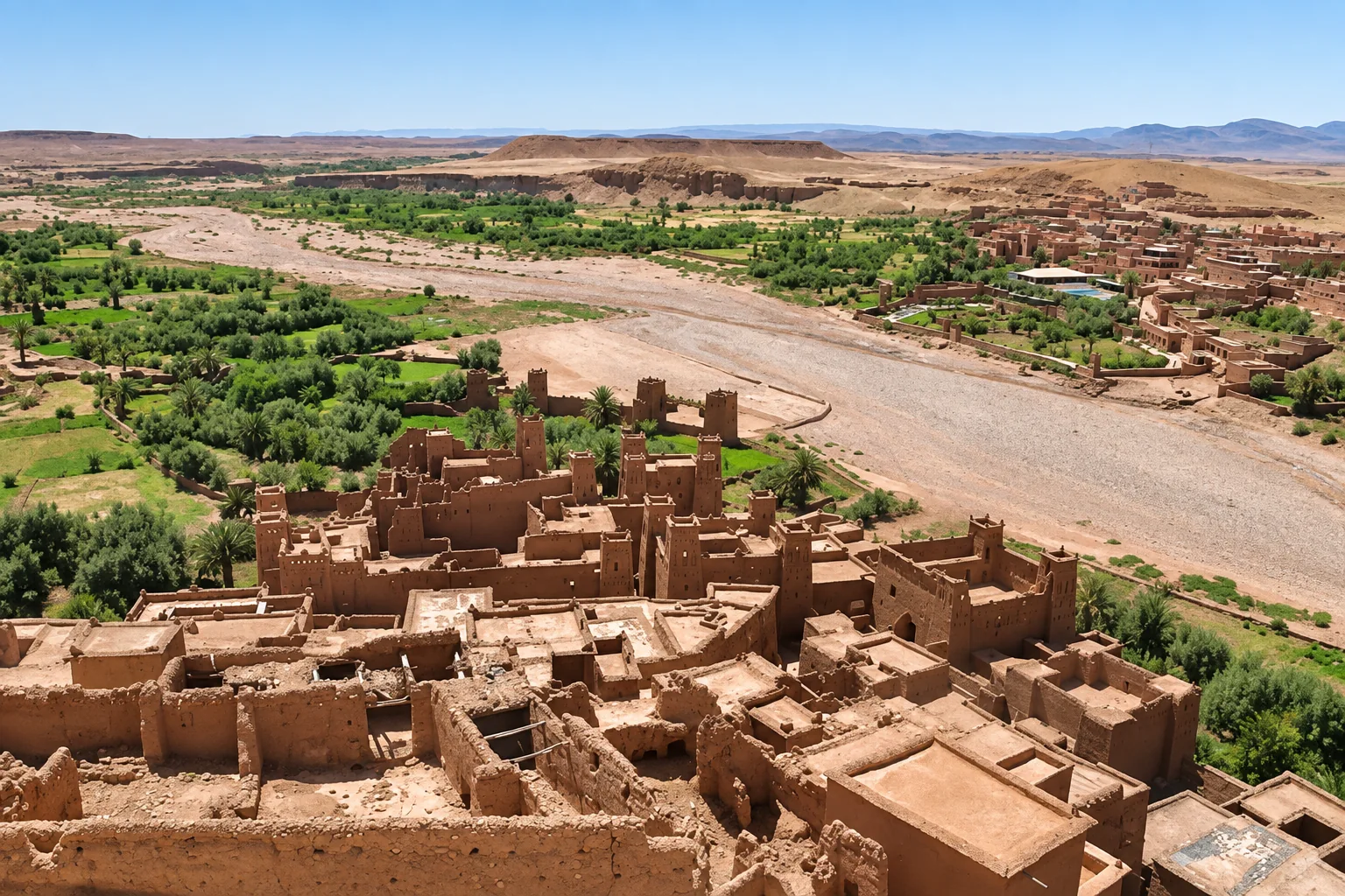 View over earthen rooftops and towers toward a wide riverbed at Ait-Ben-Haddou