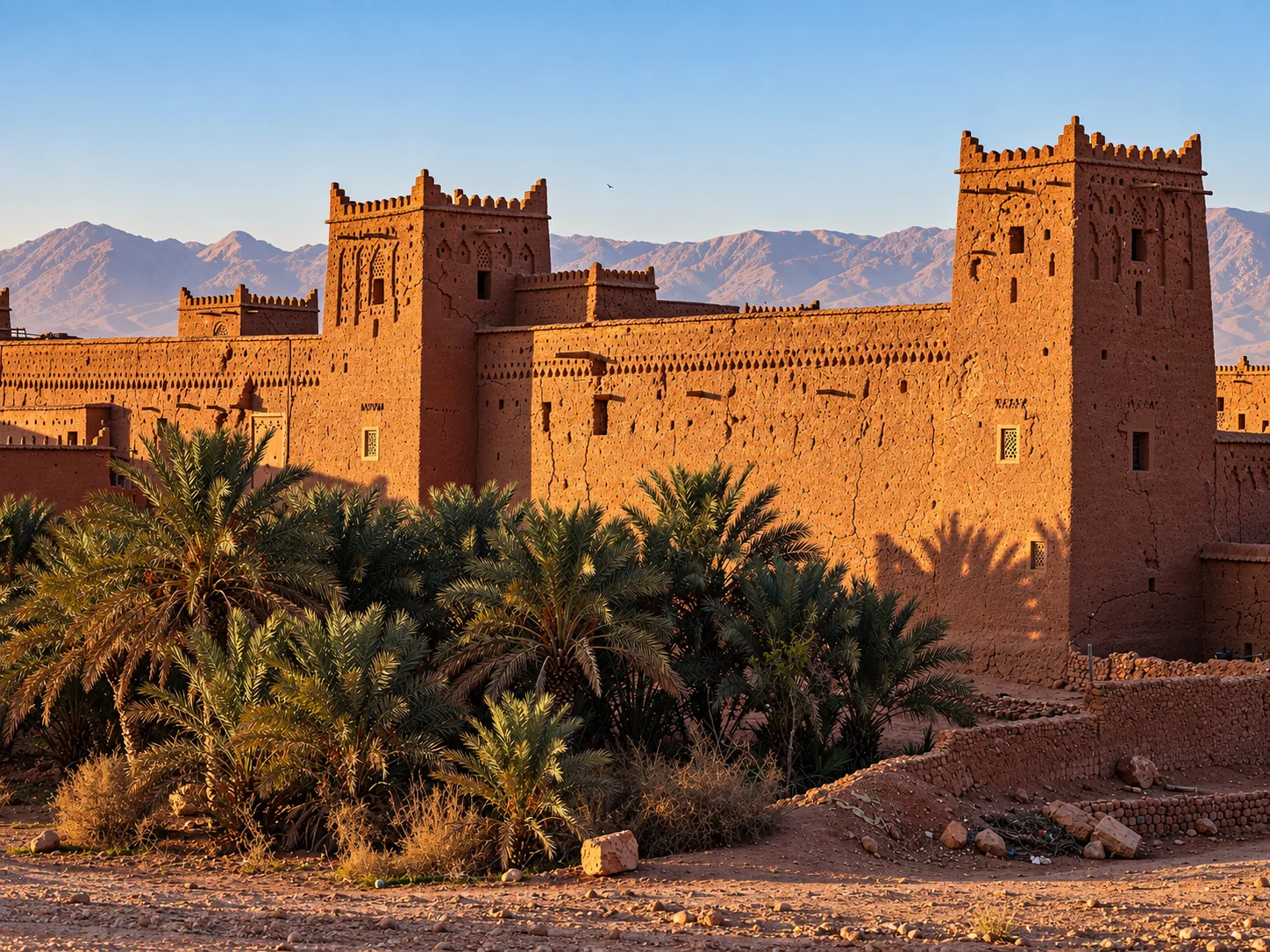 Traditional earthen kasbah towers surrounded by palm trees in Morocco
